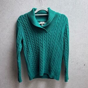 LLBean Small Womens Cotton Green Cable Knit Cowl Neck Classic Cozy Warm Sweater